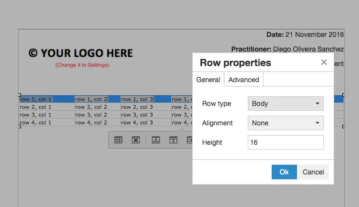 row properties menu